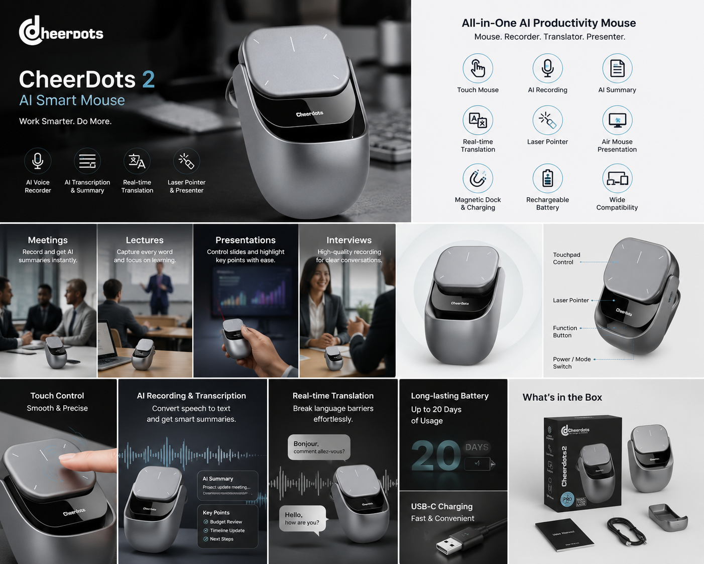 CheerDots 2 AI Smart Mouse with Charging Dock