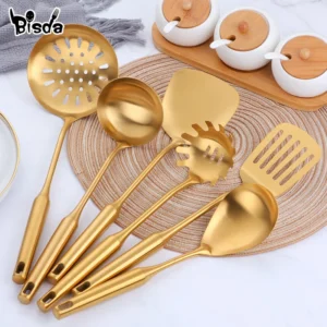 1 10pcs Stainless Steel Cookwarlong Handle Set Gold Cooking Utensils Scoop Spoon Turner Ladle Cooking Tools