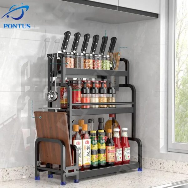 1 3layers Kitchen Condiment Rack Holder Household Shelf Seasoning Jar Spice Racks Kitchen Chopping Board Knife 1