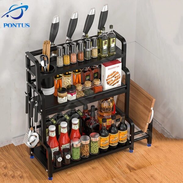 1 3layers Kitchen Condiment Rack Holder Household Shelf Seasoning Jar Spice Racks Kitchen Chopping Board Knife 2