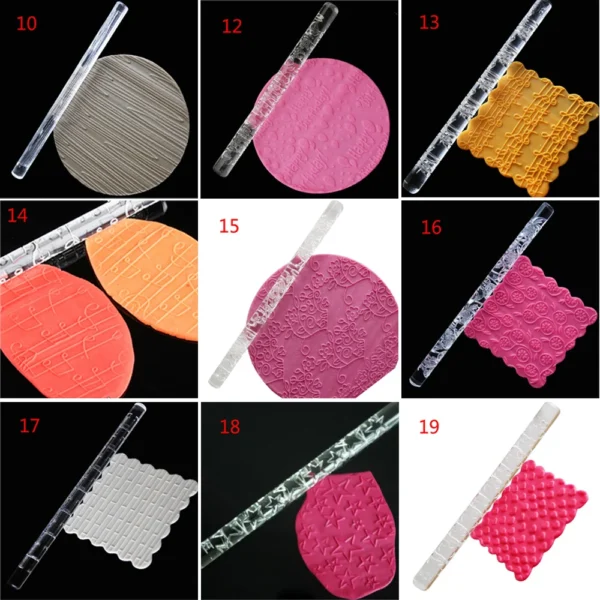 1 Pc 14 Styles Acrylic Rolling Pin Designed Fondant Cake Impression Pastry Roller Embossing Diy Baking 2