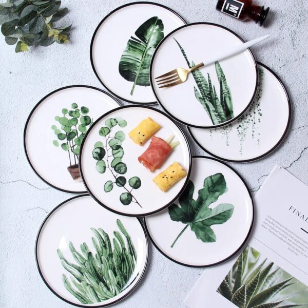 1 Pcs 8 Inch Green Plants Design Porcelain Dinner Plate Tableware Dinner Set Ceramic Dessert Plate 2