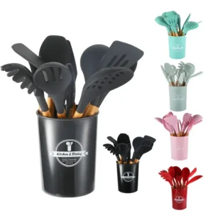 11 Piece Set Wood Handle Silicone Kitchen Utensils Non Stick Cooking Spoon Frying Pan Leak Spoon