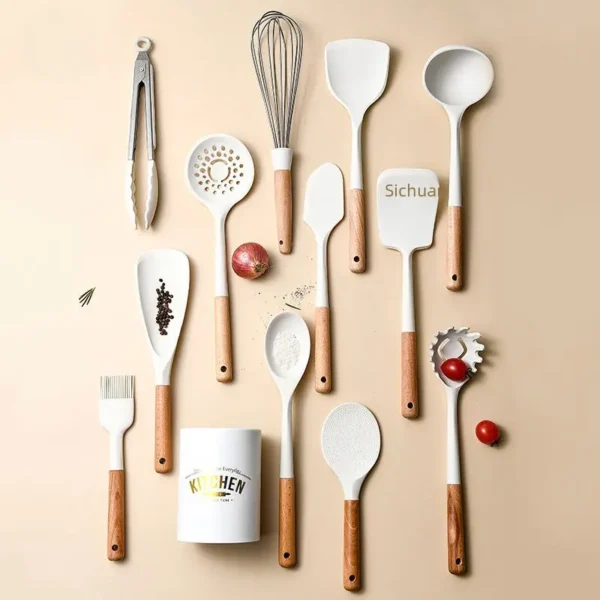 12 Piece Set Wooden Handle Silicone Kitchen Utensils Cooking Tools Non Stick High Temperature Resistant Scald 1