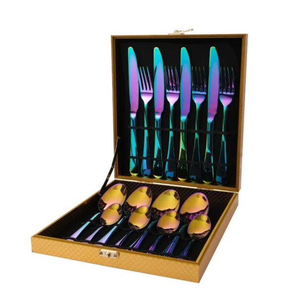 16pcs Gold Dinnerware Set Stainless Steel Tableware Knife Fork Spoon Luxury Cutlery Set Gift Box Flatware 2