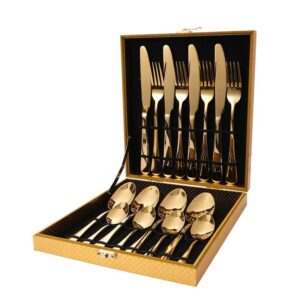 16pcs Gold Dinnerware Set Stainless Steel Tableware Knife Fork Spoon Luxury Cutlery Set Gift Box Flatware