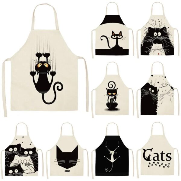 1pcs Kitchen Apron Cute Cartoon Cat Printed Sleeveless Cotton Linen Aprons For Men Women Home Cleaning