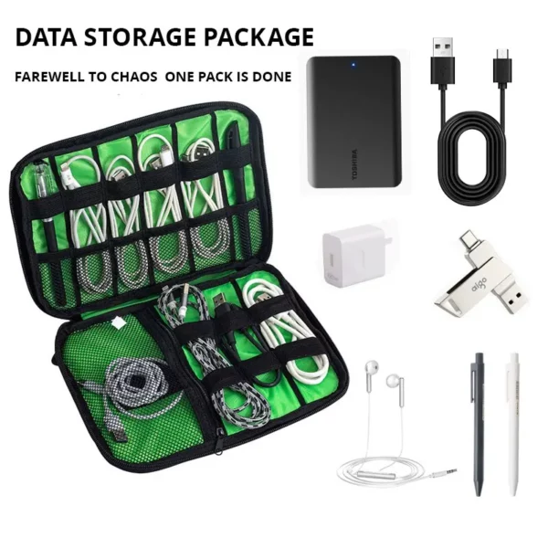 1pc Black Green Storage Bag Electronic Accessory Organizer Portable Usb Data Cable Charger Plug Travel Waterproof 1