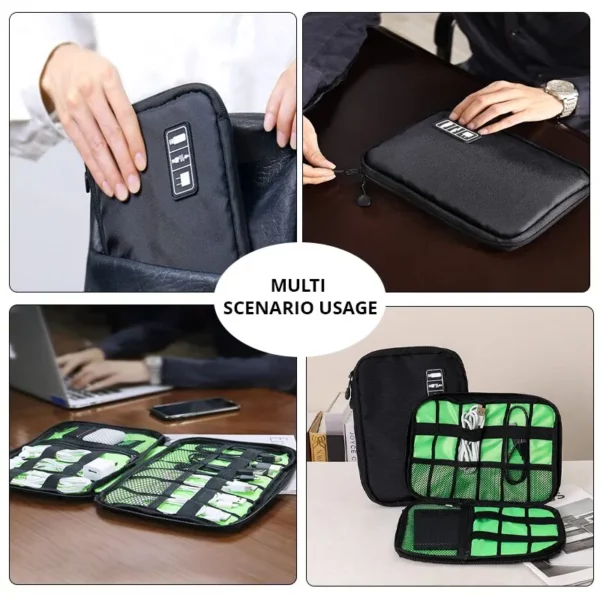 1pc Black Green Storage Bag Electronic Accessory Organizer Portable Usb Data Cable Charger Plug Travel Waterproof 3