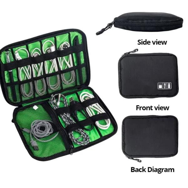 1pc Black Green Storage Bag Electronic Accessory Organizer Portable Usb Data Cable Charger Plug Travel Waterproof