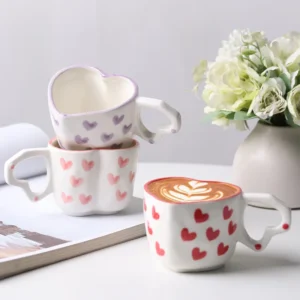 2 Pieces Korean Style Coffee Cup Cute Mug Creative Heart Shape Cup Ceramic Milk Cup Romantic