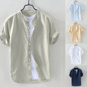 2023 New Men S Casual Blouse Cotton Linen Shirt Loose Tops Short Sleeve Tee Shirt Summer