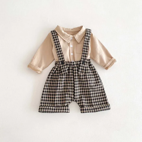 2024 Spring Summer Girl Infant Loose Plaid Overalls Boy Children Solid Suspenders Pants Babycotton Short Trouser 1