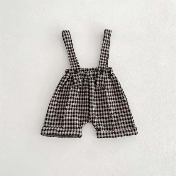 2024 Spring Summer Girl Infant Loose Plaid Overalls Boy Children Solid Suspenders Pants Babycotton Short Trouser 2