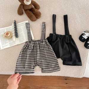 2024 Spring Summer Girl Infant Loose Plaid Overalls Boy Children Solid Suspenders Pants Babycotton Short Trouser