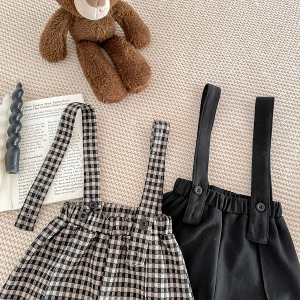 2024 Spring Summer Girl Infant Loose Plaid Overalls Boy Children Solid Suspenders Pants Babycotton Short Trouser 4