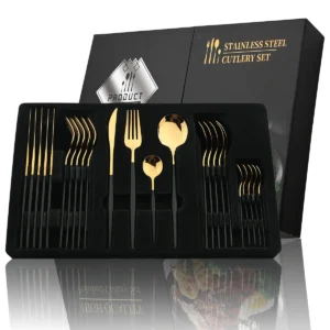 24pcs Black Handle Golden Cutlery Set Stainless Steel Knife Fork Spoon Tableware Flatware Set Festival Kitchen