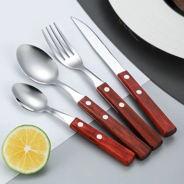 4pc Set Knife Fork Spoon With Wood Handle Tableware Stainless Steel Cutlery Western Food Dessert Kitchen 1