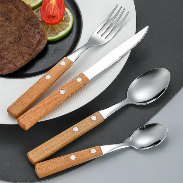 4pc Set Knife Fork Spoon With Wood Handle Tableware Stainless Steel Cutlery Western Food Dessert Kitchen 3