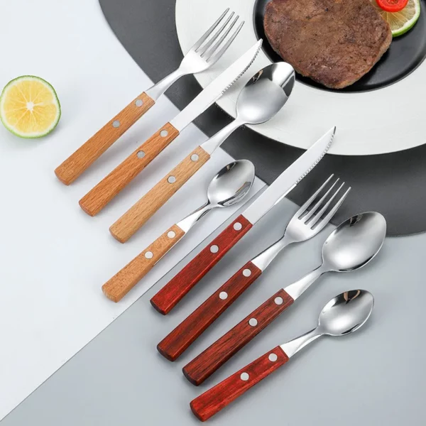 4pc Set Knife Fork Spoon With Wood Handle Tableware Stainless Steel Cutlery Western Food Dessert Kitchen