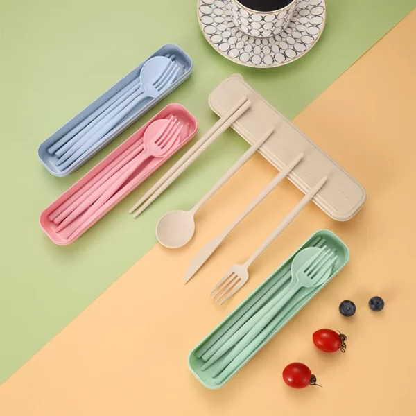 4pcs Set Wheat Straw Tableware Box Spoon Fork Chopsticks Cutlery Dinnerware Children Adult Travel Portable Kitchen 1