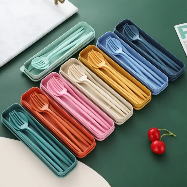 4pcs Set Wheat Straw Tableware Box Spoon Fork Chopsticks Cutlery Dinnerware Children Adult Travel Portable Kitchen 2