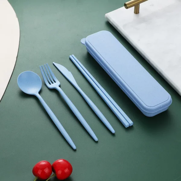 4pcs Set Wheat Straw Tableware Box Spoon Fork Chopsticks Cutlery Dinnerware Children Adult Travel Portable Kitchen 4