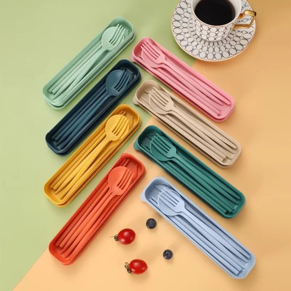 4pcs Set Wheat Straw Tableware Box Spoon Fork Chopsticks Cutlery Dinnerware Children Adult Travel Portable Kitchen