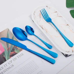 4pcs Glossy Blue Stainless Steel Cutlery Dinnerware Tableware Flatware Set Forks Knives Spoons Set Home Party