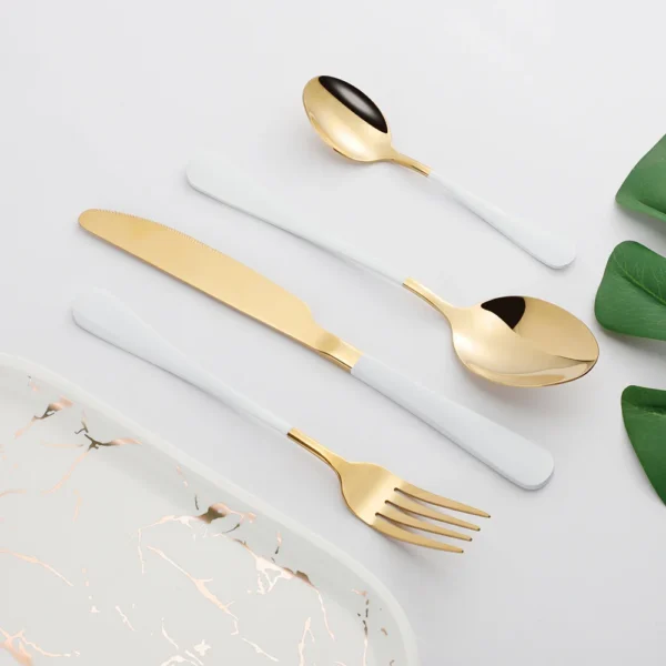 4pcs White Gold Stainless Steel Cutlery Tableware Set Dinnerware Dinner Flatware Set Travel Forks Knives Spoons 1