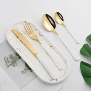 4pcs White Gold Stainless Steel Cutlery Tableware Set Dinnerware Dinner Flatware Set Travel Forks Knives Spoons