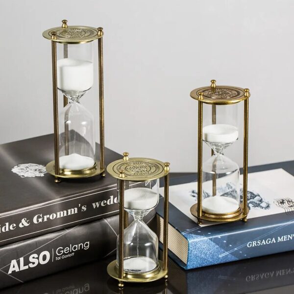 5 10 15 30 60 Minutes Classical Metal Three Column Hourglass Timer European Vintage Bookshelf Study 1