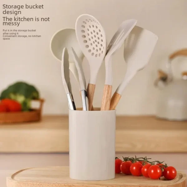 5 Piece Set White Wood Handle Silicone Pot Holder Spoon Soup Ladle Home Use Stir Fry 1