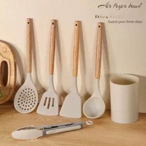 5 Piece Set White Wood Handle Silicone Pot Holder Spoon Soup Ladle Home Use Stir Fry