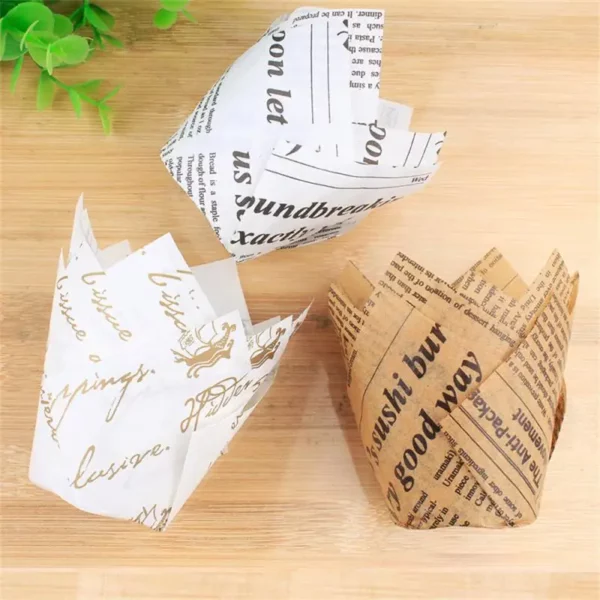 50pcs Newspaper Style Cupcake Muffin Liner Baking Oil Proof Cup Wedding Party Caissettes Tulip Muffin Cupcake