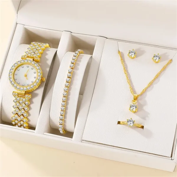 6pcs Set Luxury Watch Women Ring Necklace Earring Rhinestone Fashion Wristwatch Casual Ladies Watches Bracelet Set 1