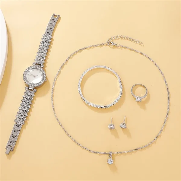 6pcs Set Luxury Watch Women Ring Necklace Earring Rhinestone Fashion Wristwatch Casual Ladies Watches Bracelet Set 2