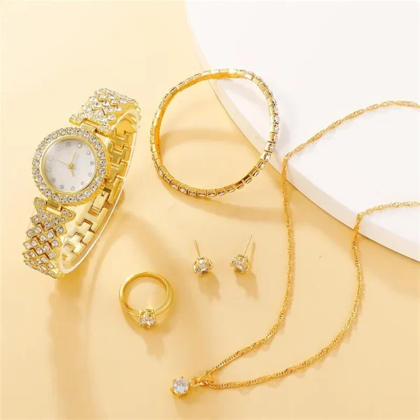 6pcs Set Luxury Watch Women Ring Necklace Earring Rhinestone Fashion Wristwatch Casual Ladies Watches Bracelet Set 3