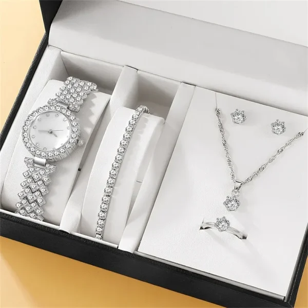 6pcs Set Luxury Watch Women Ring Necklace Earring Rhinestone Fashion Wristwatch Casual Ladies Watches Bracelet Set