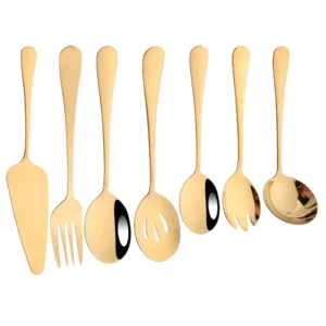 7pcs Gold Stainless Steel Dinnerware Set Soup Spoon Colander Spoon Service Spoon Salad Fork Cake Spatula