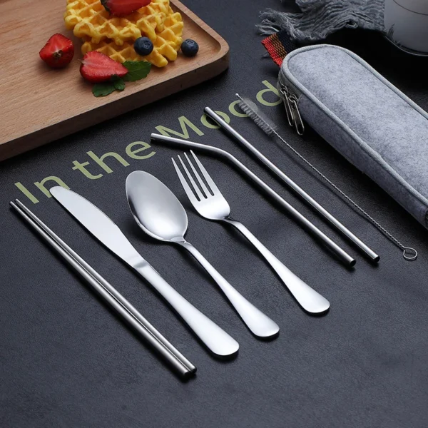 8pcs Set Tableware Reusable Travel Cutlery Set Camp Utensils Set With Stainless Steel Spoon Fork Chopsticks 1