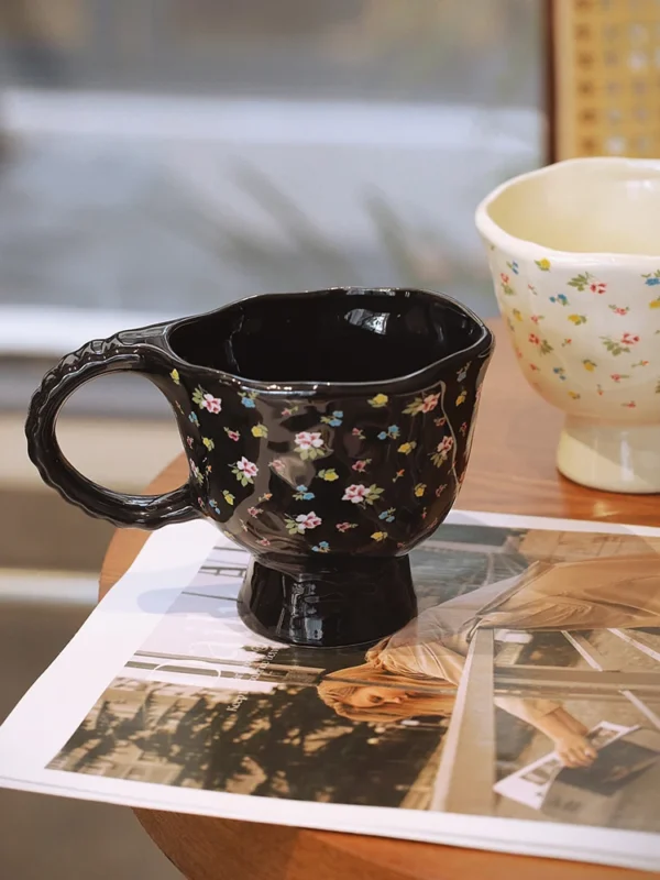 Ahunderjiaz Black Vintage Ceramic Coffee Mug Cartoon Kitchen Drinkware Set Hand Carved Small Flower Girl Gift 3