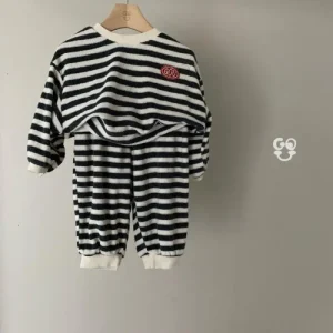 Autumn Winter Kid Striped Plus Velvet Tops Pants 2ps Boy Children Fleece Casual Sweatshirt Set Girl