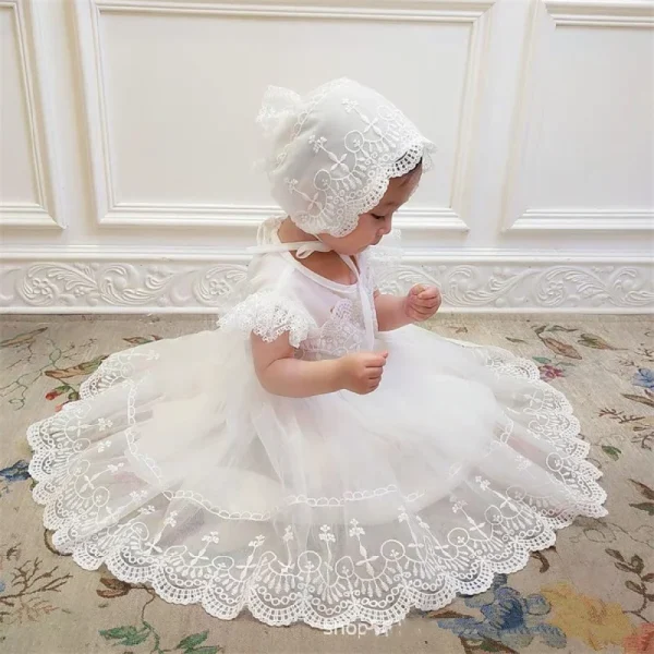 Baby Birthday Princess Dress Elegant Girl Embroidery Flower Beaded White Baptism Tutu Gown Kids Formal Evening