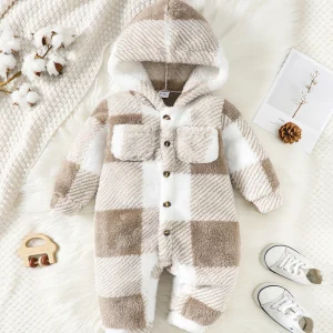 Baby Boys And Girls Plaid Romper Hooded Long Sleeved Plush Jumpsuit Winter Warm Bodysuit Clothes For