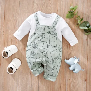 Baby Spring And Autumn Cute Little Elephant Full Print Long Sleeved Pants Cotton Strap Bodysuit