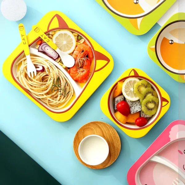 Bamboo Fiber Dinnerware Set Kids Kawaii Cartoon Cute Animal Tableware Children Dinner Plate Bowl Cup Spoon 2