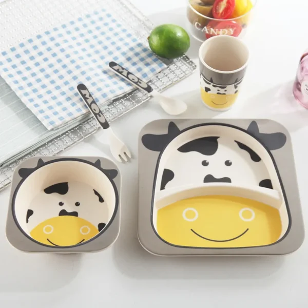 Bamboo Fiber Dinnerware Set Kids Kawaii Cartoon Cute Animal Tableware Children Dinner Plate Bowl Cup Spoon 4