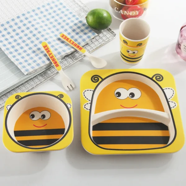 Bamboo Fiber Dinnerware Set Kids Kawaii Cartoon Cute Animal Tableware Children Dinner Plate Bowl Cup Spoon 5