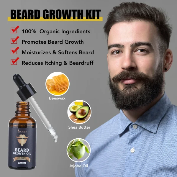 Beard Growth Kit For Men Barbe Hair Enhancerbeard Essential Oil Moisturizing Wax Growth Roller Comb Styling 3